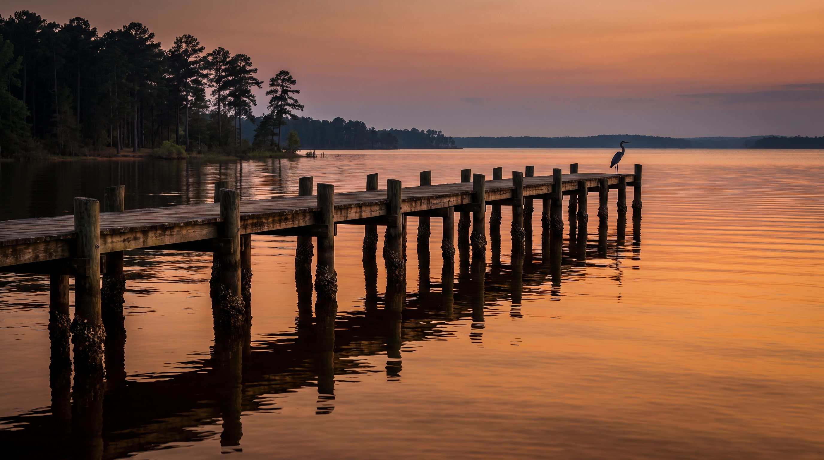 Pier at dusk with heron