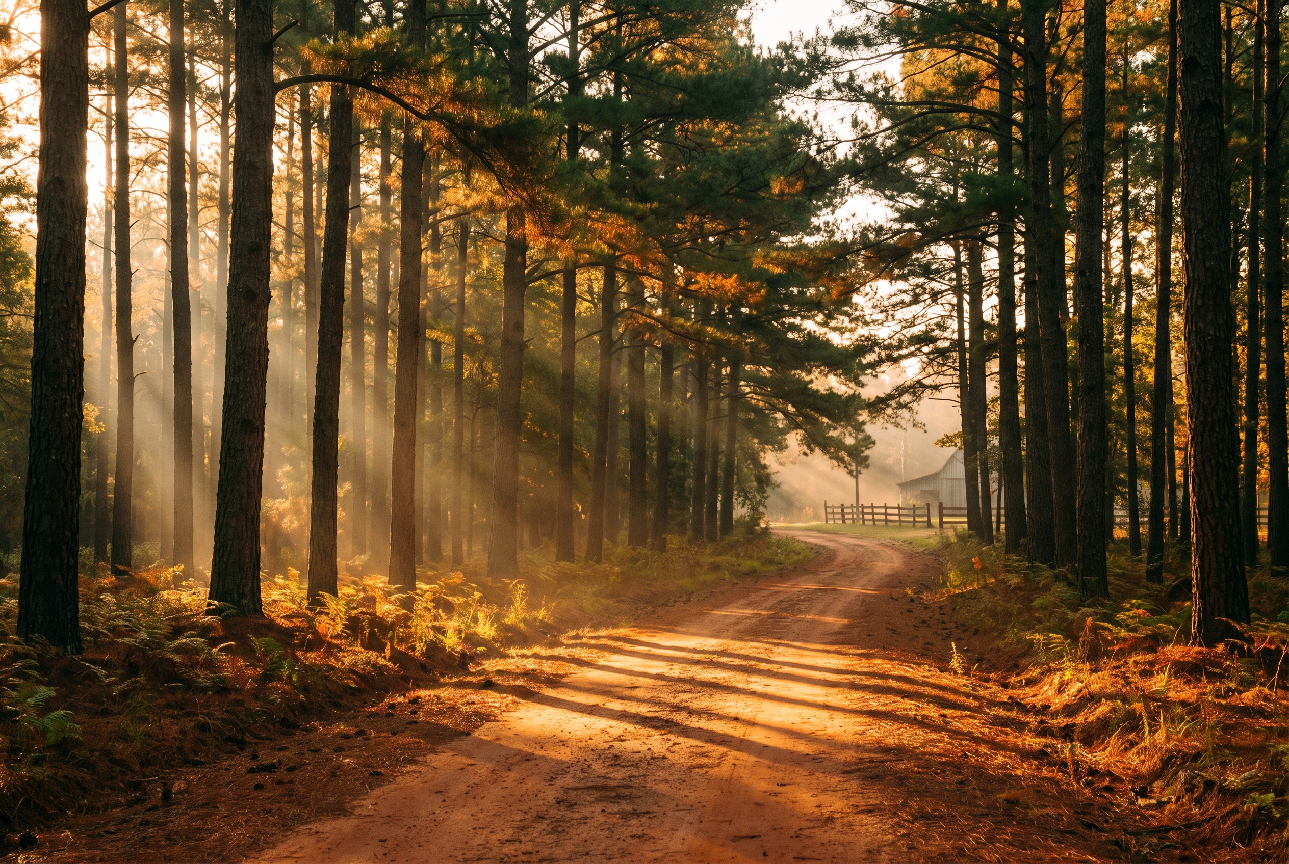 Pine forest road at golden hour